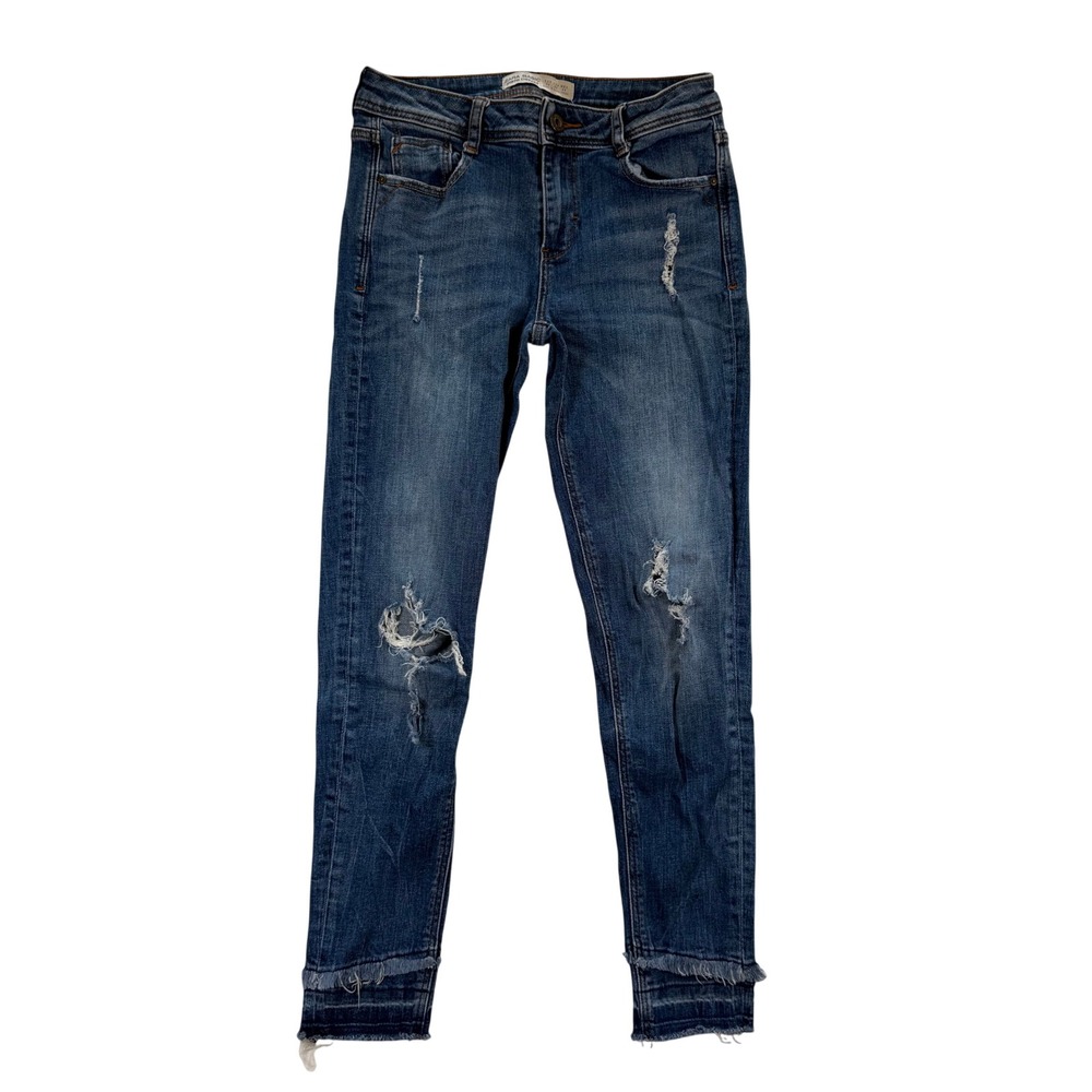 Zara Basic Z1975 Denim Distressed Skinny Jeans Blue Ripped Frayed Hem Size 2 24